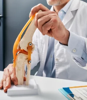 Orthopäde mit Funktionsmodell vom Kniegelenk